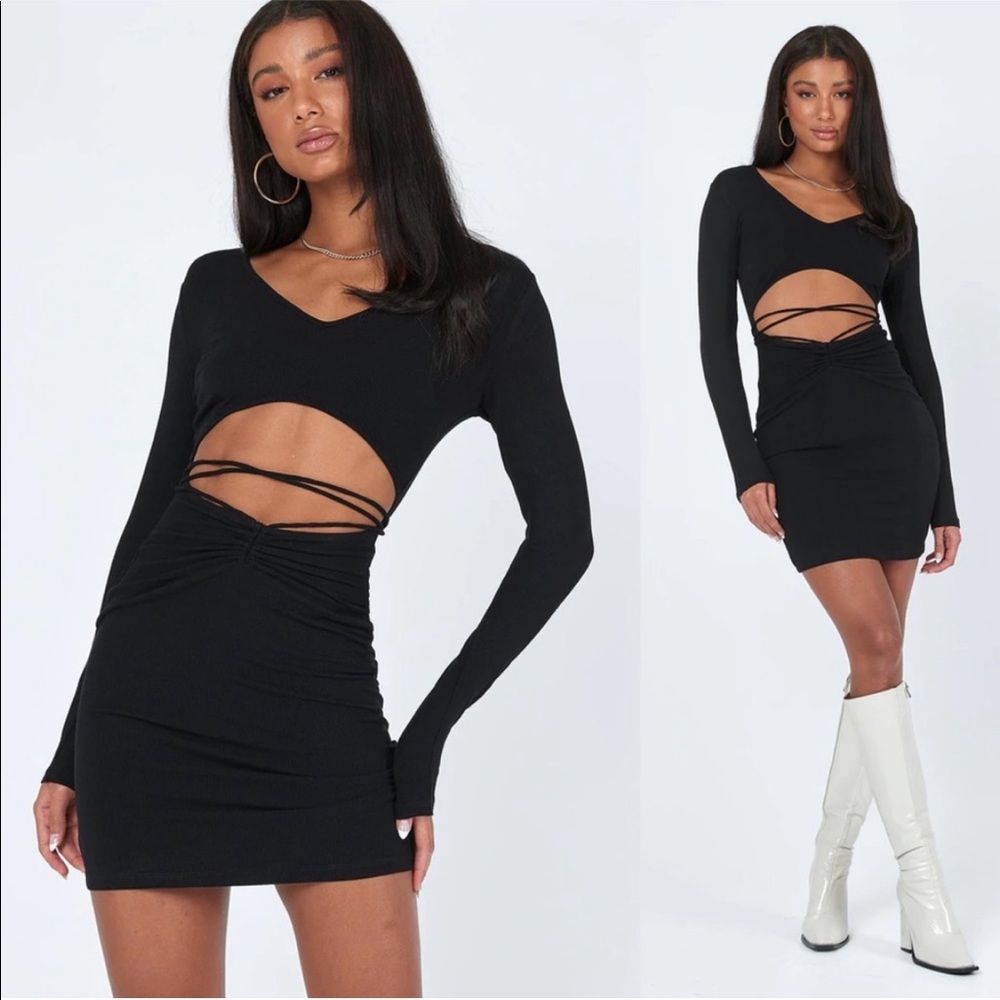 Princess Polly Noa Black Long Sleeve Ribbed Cut Out Criss Cross Tie Mini Dress